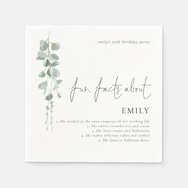 Fun Facts Eucalyptus Script 70th Birthday Party Napkins (Front)