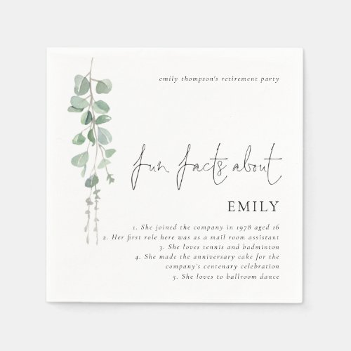 Fun Facts Eucalyptus Script Retirement Party Napkins