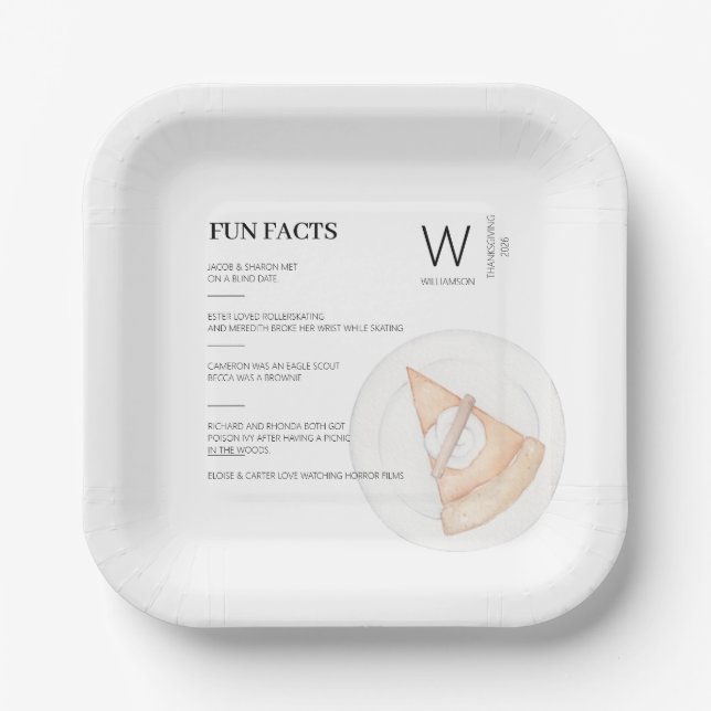 Fun Facts Family Initial Pumpkin Pie Thanksgiving Paper Plates (Front)