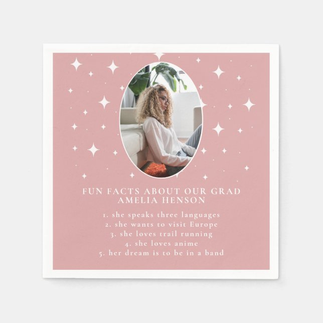 Fun Facts Graduate Stars Pink Photo Graduation Napkins (Front)