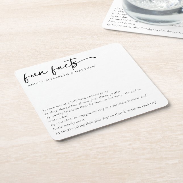 Fun Facts Minimalist Script Wedding Square Paper Coaster (Angled)