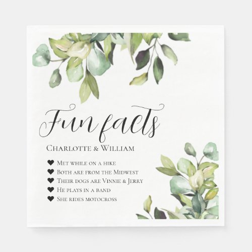 Fun Facts Newlyweds Green Botanicals Wedding Napkins