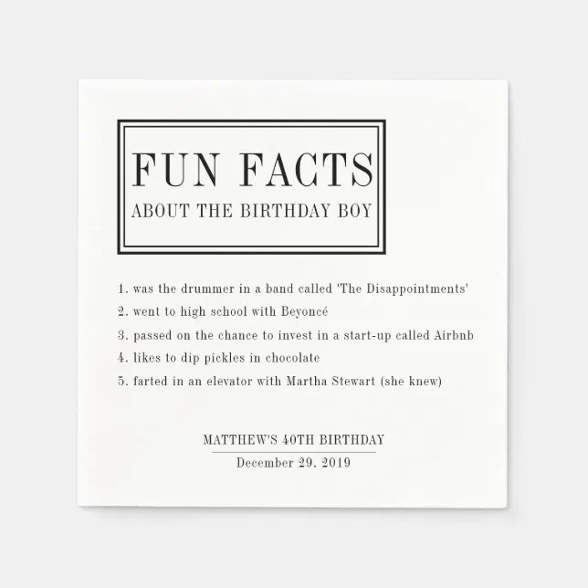 Fun Facts personalized napkins for birthdays Zazzle