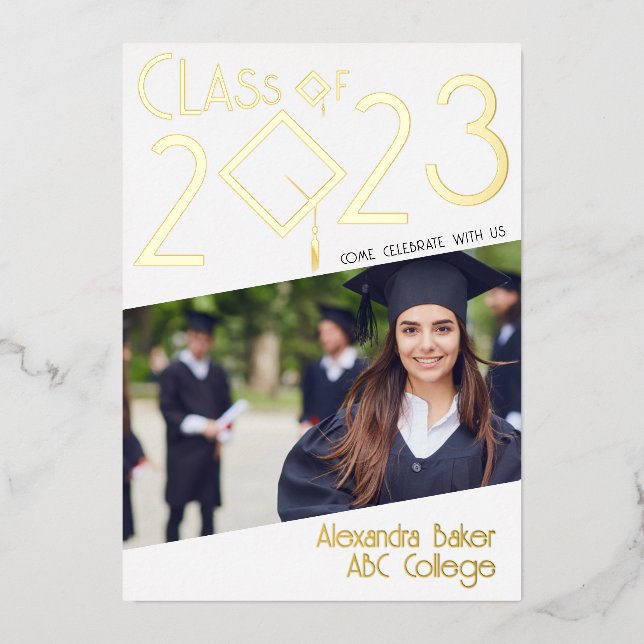 Fun Facts Photo Bold Script Class 2023 Graduation Foil Invitation (Front)
