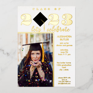 Fun Facts Photo Bold Script Class 2023 Graduation Foil Invitation