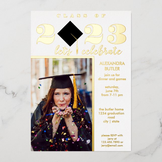 Fun Facts Photo Bold Script Class 2023 Graduation Foil Invitation (Front)