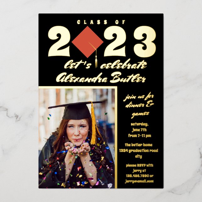 Fun Facts Photo Bold Script Class 2023 Graduation  Foil Invitation (Front)