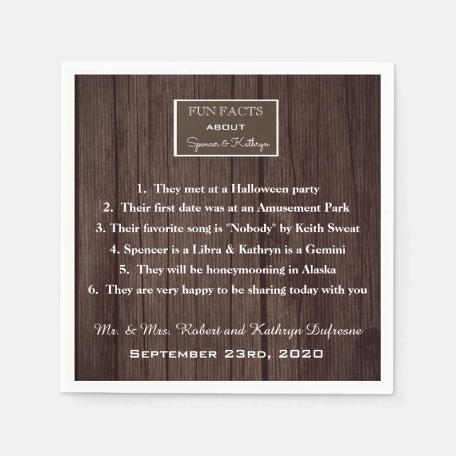 "Fun Facts" Romantic & Rustic Wedding Personalized Napkins (Front)