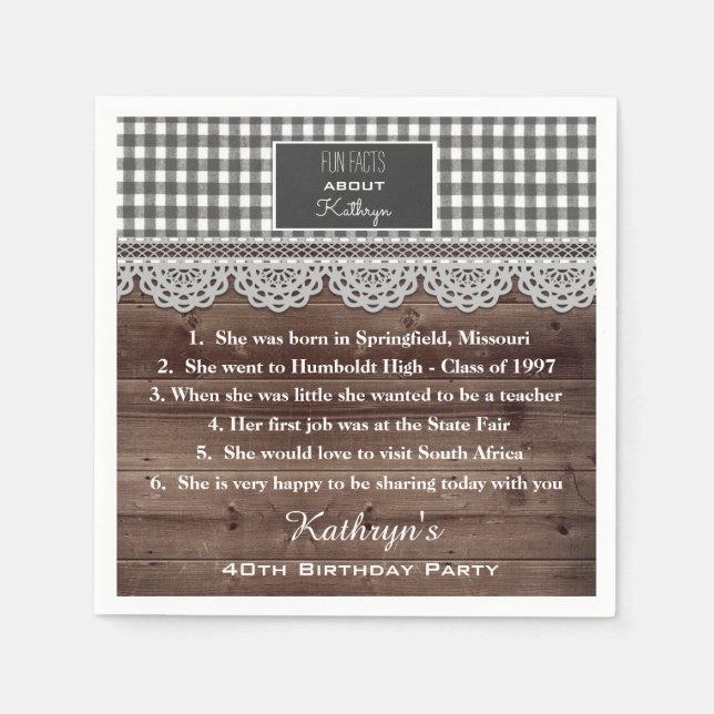 Fun Facts Rustic Birthday Party Napkins (Front)