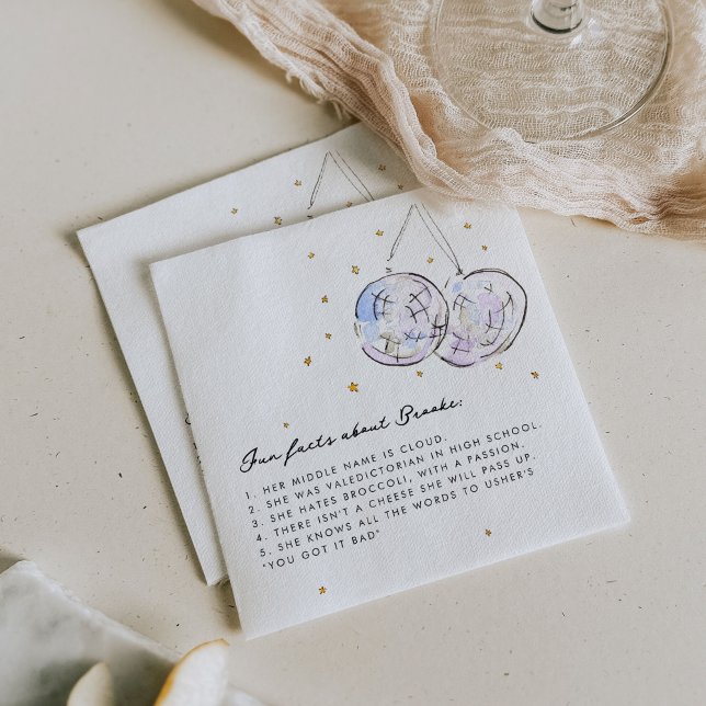 Fun Facts Watercolor Disco Balls Birthday Party Napkins (Fun facts personalized party paper cocktail napkins featuring watercolor star studded disco balls.)