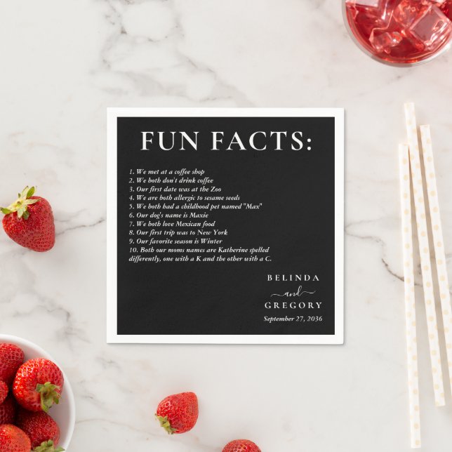 Fun Facts Wedding Cocktail Text Black White Napkins (Insitu)
