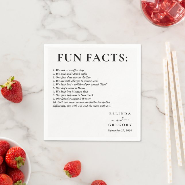 Fun Facts Wedding Cocktail Text Black White Napkins (Insitu)
