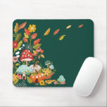 Fun Fairy Garden Autumn Leafs Mushrooms & Pumpkin Mouse Pad<br><div class="desc">Super fun and cute design perfect for the fall and autumn season. We've illustrated this imaginative and fun fairy garden village with mushroom and pumpkin houses nestled together within the lush fall flowers and foliage. Autumn colored fall oak leafs blowing in the wind set on a deep hunter green background....</div>