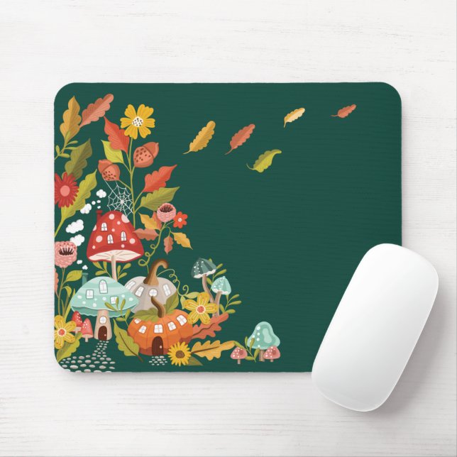 Fun Fairy Garden Autumn Leafs Mushrooms & Pumpkin Mouse Pad (With Mouse)