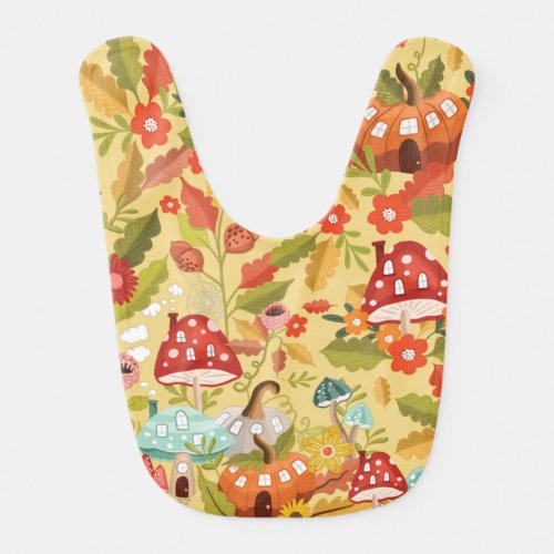 Fun Fairy Garden Autumn Leafs Mushrooms  Pumpkins Baby Bib