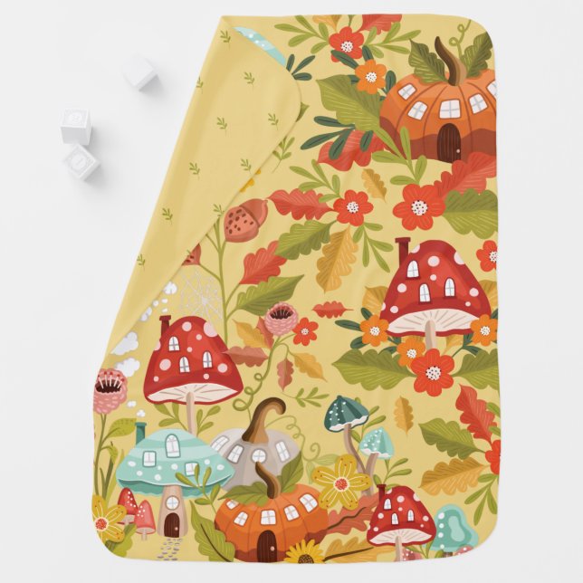 Fun Fairy Garden Autumn Leafs Mushrooms & Pumpkins Baby Blanket (In Situ)