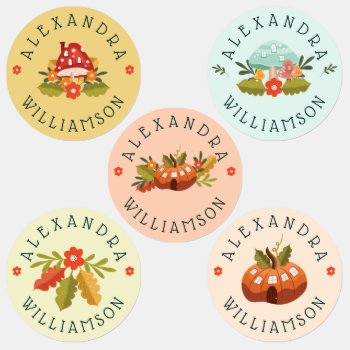Fun Fairy Garden Autumn Leafs Mushrooms & Pumpkins Kids' Labels by moodthology at Zazzle