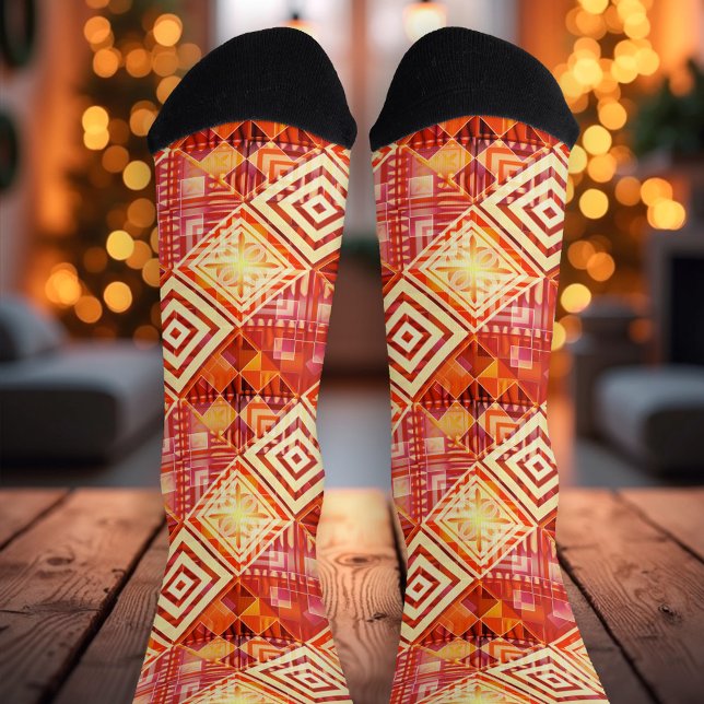 Fun Fall Christmas Creative Pattern Socks (Artistic socks featuring a fun abstract geometric pattern in orange red colors - fall - Christmas)