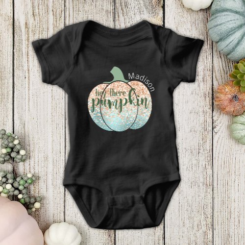 Fun Fall Halloween Glitter Hey There Pumpkin Name Baby Bodysuit