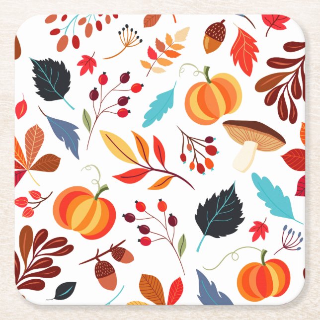 Fun fall harvest pattern square paper coaster (Front)