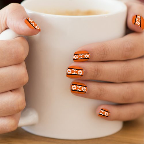 Fun Fall Orange Black  White Flower Pattern Minx Nail Art