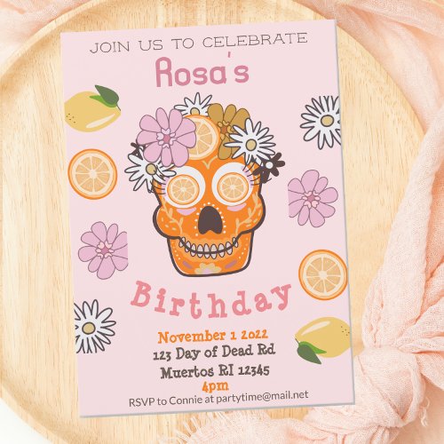 Fun Fall Pink Sugar Skull Birthday  Invitation