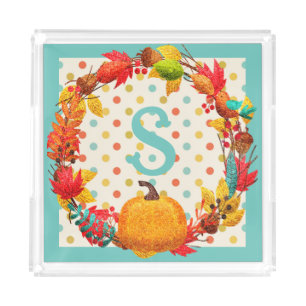 Fun fall pumpkin wreath polka dot teal orange cute acrylic tray