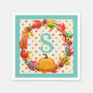 Fun fall pumpkin wreath polka dot teal orange cute napkins