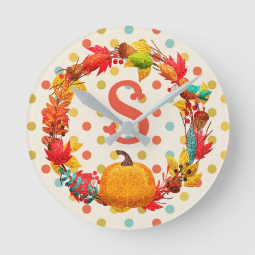 Fun fall pumpkin wreath polka dot teal orange cute round clock