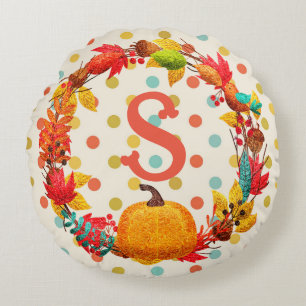 Fun fall pumpkin wreath polka dot teal orange cute round pillow