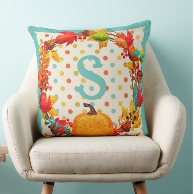 Fun fall pumpkin wreath polka dot teal orange cute throw pillow (Creator Uploaded)