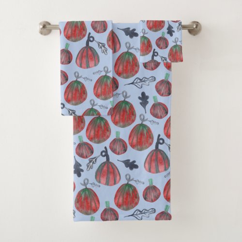 Fun Fall Pumpkins Autumn Watercolor Pattern Bath Towel Set