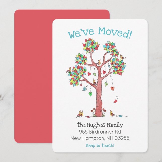 Fun Family Birds in a Tree of Hearts New Address A Announcement (Front/Back)