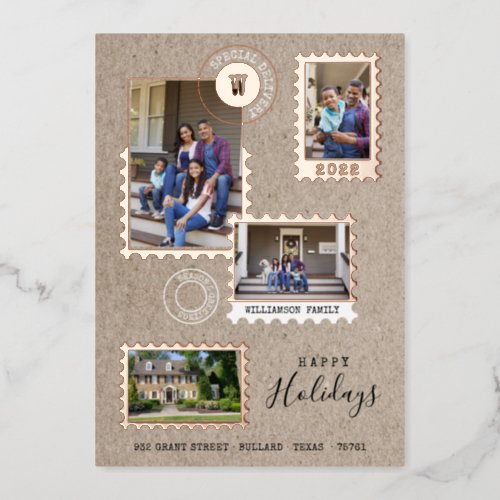 Fun Family Moving Postage Stamps Photo Collage Foil Holiday Card