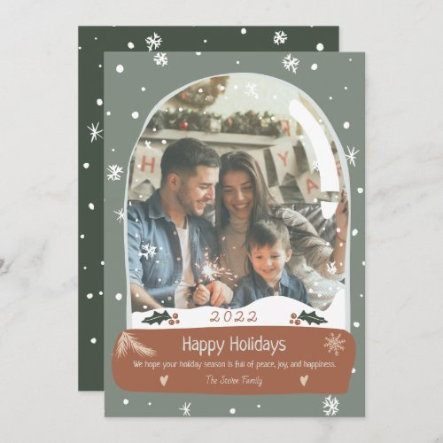 Fun family photo snow globe illustration happy holiday card