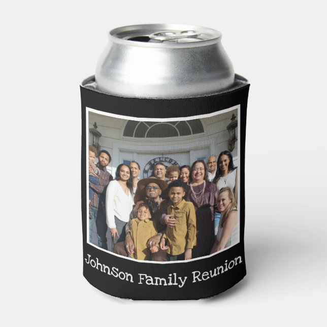 Fun Family Reunion Photo Personalized Black White Can Cooler (Can Front)