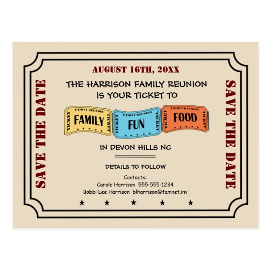 Fun Family Reunion Ticket to Save the Date Postcard