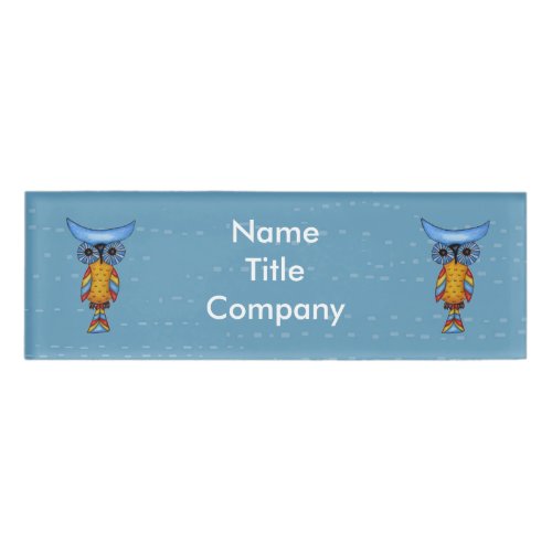 Fun Fantasy Colorful Owls on Blue White Dashes Name Tag