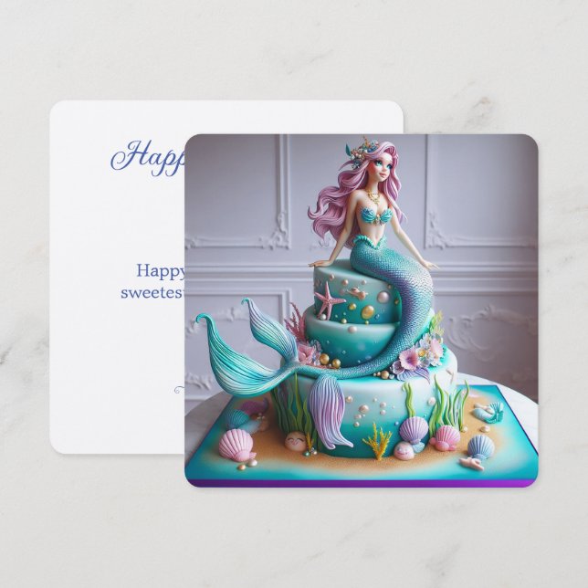FUN FANTASY MERMAID THEMED KIDS BIRTHDAY CAKE CARD (Front/Back)