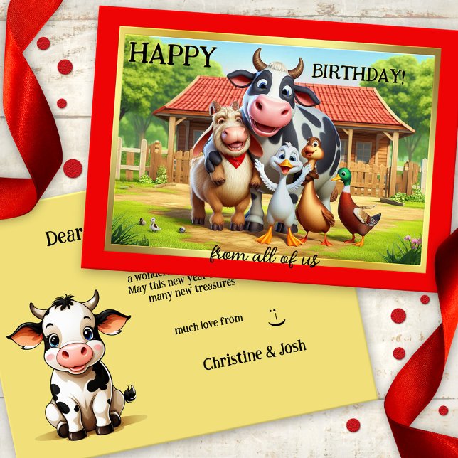 Fun Farm Animals Cute Birthday Card (Birthday card featuring a colorful cute image of a gathering of farm animals)