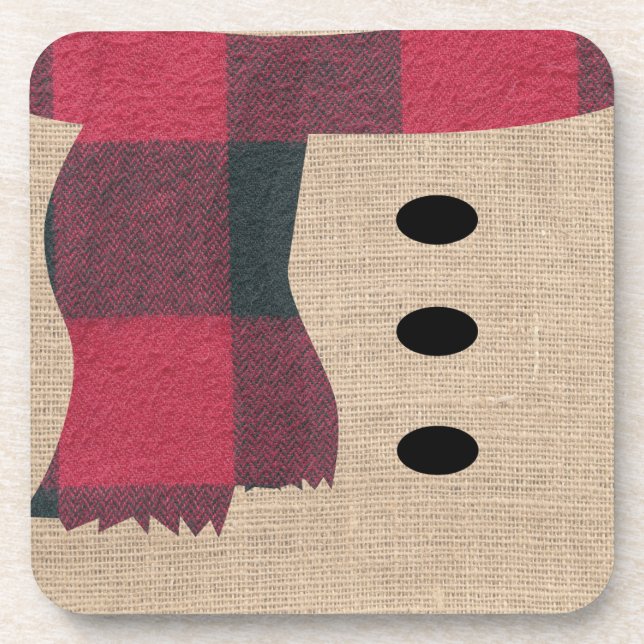 Fun Farmhouse Burlap Snowman Plaid Scarf & Buttons Beverage Coaster (Front)