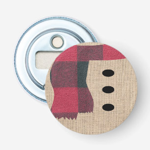 Fun Farmhouse Burlap Snowman Plaid Scarf & Buttons Bottle Opener