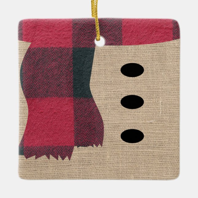 Fun Farmhouse Burlap Snowman Plaid Scarf & Buttons Ceramic Ornament (Front)