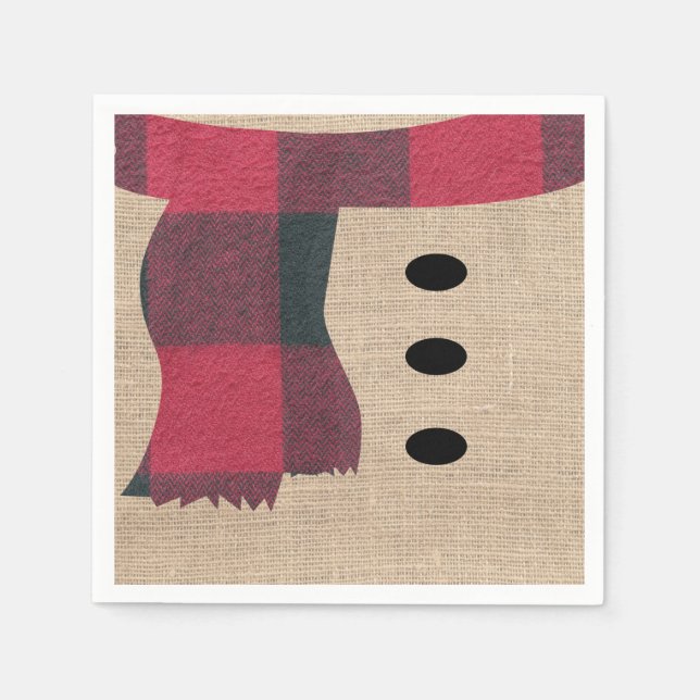 Fun Farmhouse Burlap Snowman Plaid Scarf & Buttons Napkins (Front)