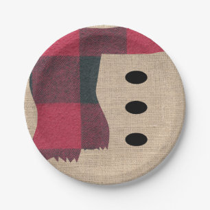 Fun Farmhouse Burlap Snowman Plaid Scarf & Buttons Paper Plates