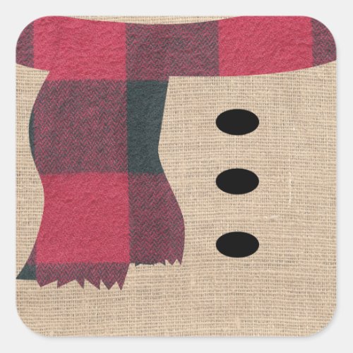 Fun Farmhouse Burlap Snowman Plaid Scarf  Buttons Square Sticker