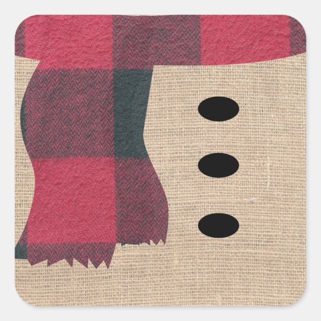 Fun Farmhouse Burlap Snowman Plaid Scarf & Buttons Square Sticker (Front)