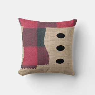 Fun Farmhouse Burlap Snowman Plaid Scarf & Buttons Throw Pillow