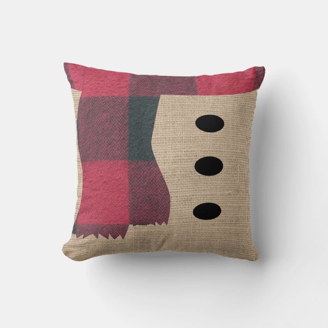Fun Farmhouse Burlap Snowman Plaid Scarf & Buttons Throw Pillow (Front)