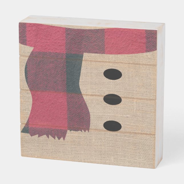 Fun Farmhouse Burlap Snowman Plaid Scarf & Buttons Wooden Box Sign (Angled Horizontal)